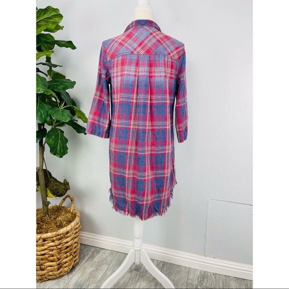 Cloth & Stone Blue Pink Red Plaid Mid Sleeve Raw Hem Button Down Tunic Dress - Picture 2 of 6